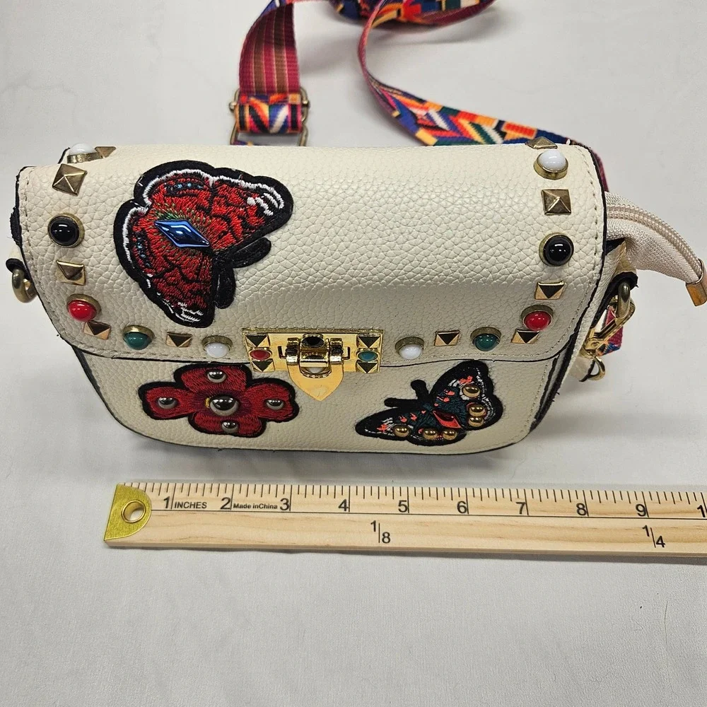 Candy Couture USA Crossbody Bag Womens Small Cream Butterfly Studded Boho Strap
